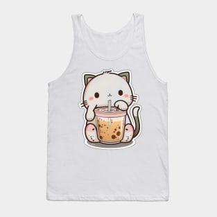 Cute Cat Drinking Bubble Tea Cartoon Boba Drawing Tank Top